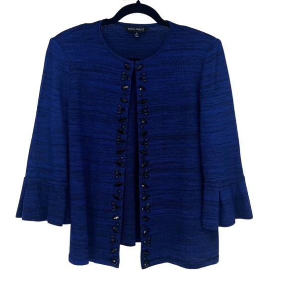 Ming Wang Cobalt Blue Beaded Ruffle Sleeve Blazer Jacket Size Small - Picture 1 of 9